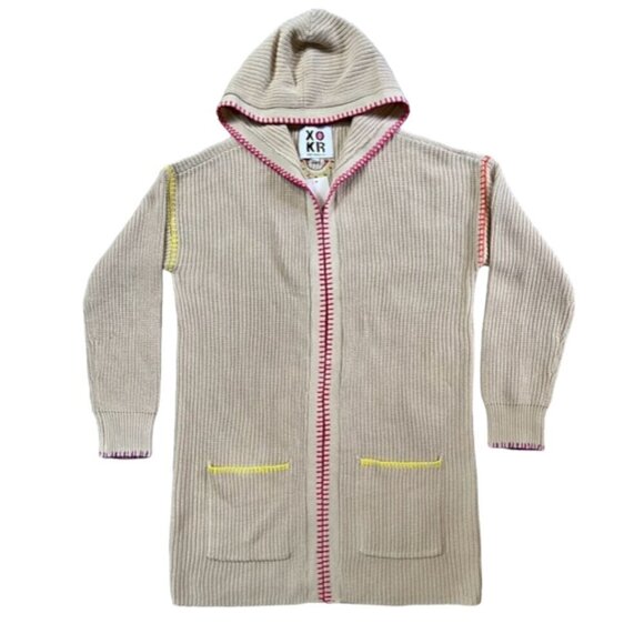 Anthropology NWT Kerri Rosenthal Beige Smiley Face Stitch Hooded Cardigan Medium - Picture 1 of 14